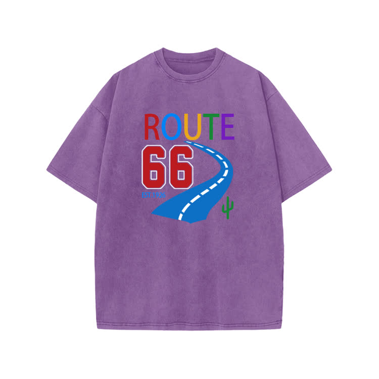 Vintage Route 66 Road Trip Graphic Print Acid Washed T-shirt - Purple - US20-22(3XL) - image 2