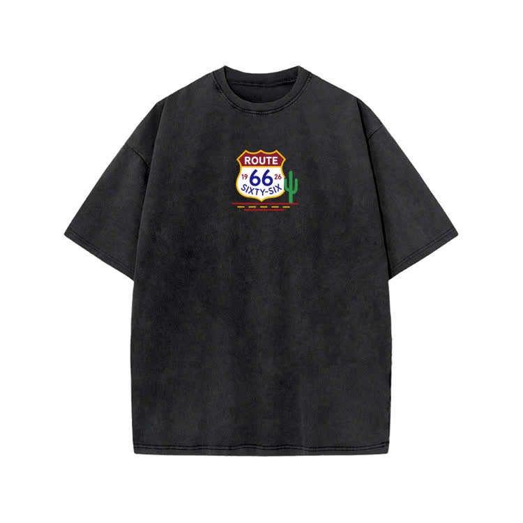 Vintage Route 66 Cactus Graphic Print Acid Washed T-shirt - Black - US20-22(3XL) - image 2