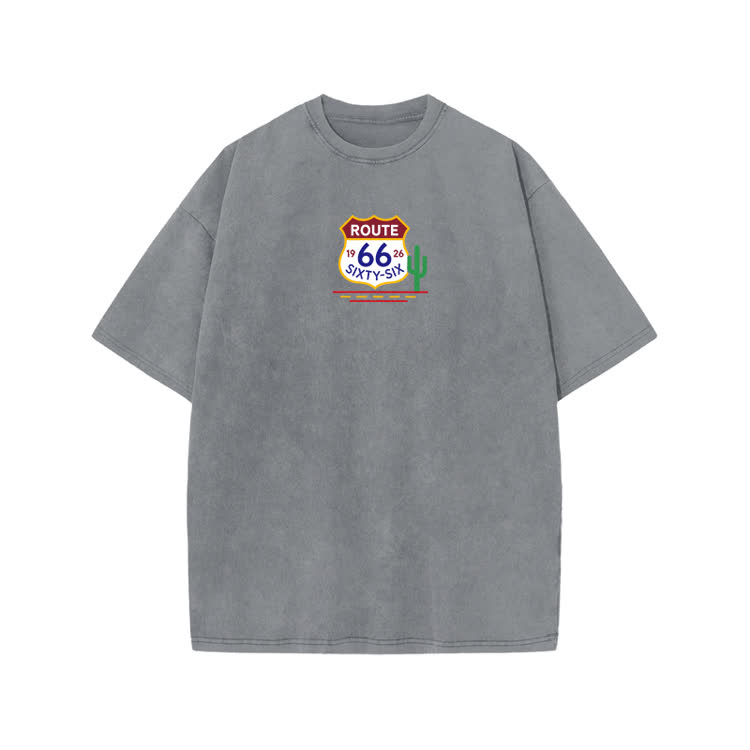 Vintage Route 66 Cactus Graphic Print Acid Washed T-shirt - Grey - US20-22(3XL) - image 1