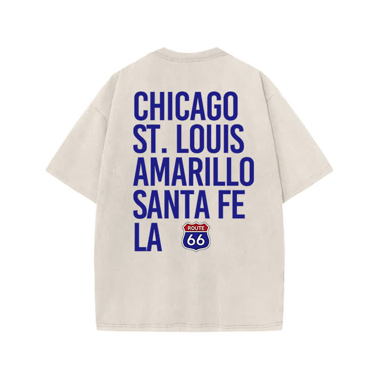 Vintage Route 66 City Print Graphic Print Acid Washed T-shirt - Beige - US20-22(3XL) - image 2