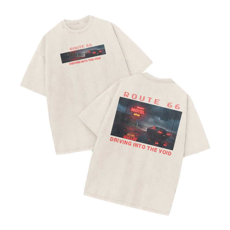 Vintage Route 66 Graphic Print Acid Washed T-shirt - Beige - US20-22(3XL) - image 1