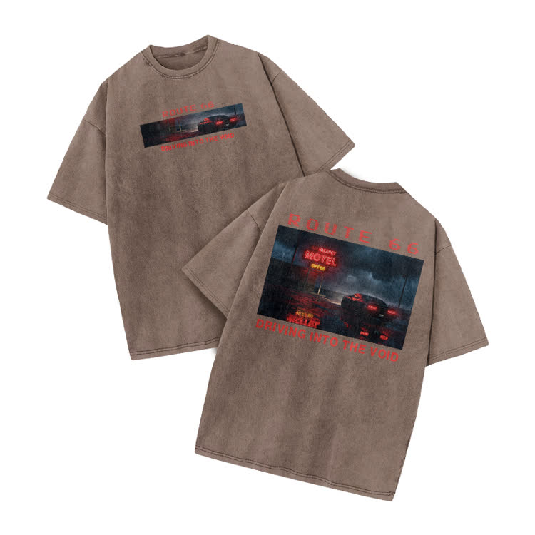 Vintage Route 66 Graphic Print Acid Washed T-shirt - Coffee - US20-22(3XL) - image 2