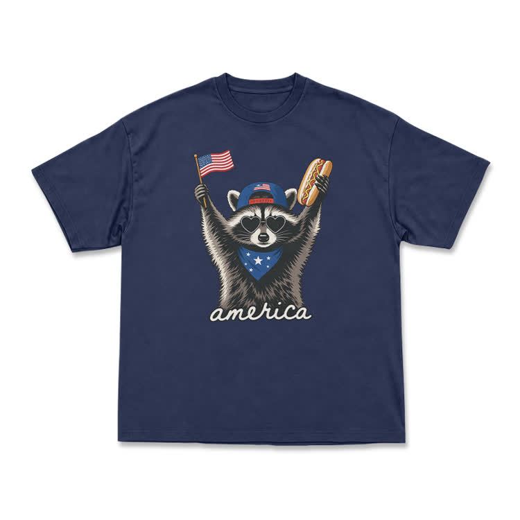 Patriotic Raccoon America Graphic T-Shirt - Navy Blue - US16-18(2XL) - image 1