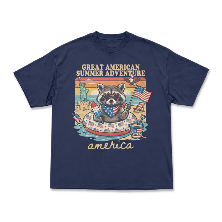 Vintage American Summer Adventure Raccoon Graphic T-Shirt - Navy Blue - US16-18(2XL) - image 2