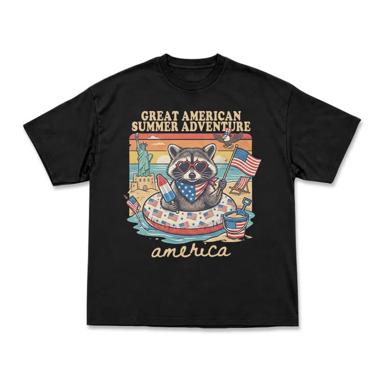 Vintage American Summer Adventure Raccoon Graphic T-Shirt - Black - US16-18(2XL) - image 1