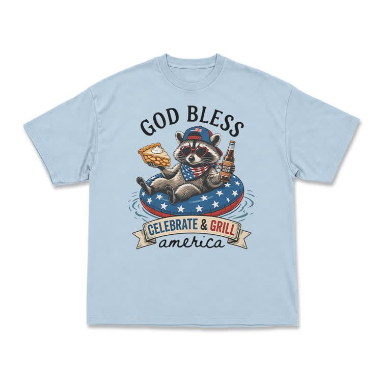 Casual Patriotic Raccoon Graphic T-Shirt - Light Blue - US16-18(2XL) - image 1