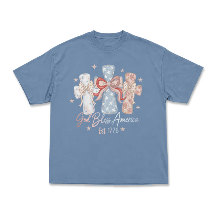 Vintage God Bless America Bow Graphic T-Shirt - Dusty Blue - 6XL - image 1