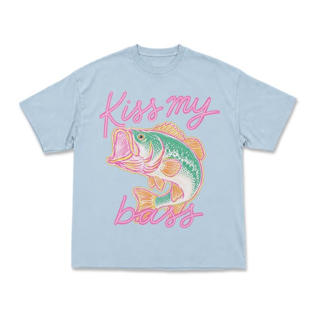 Casual Kiss My Bass Fish Graphic T-Shirt - Light Blue - US16-18(2XL) - image 2