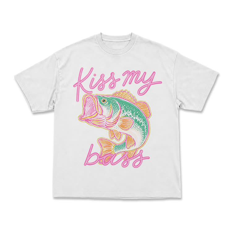 Casual Kiss My Bass Fish Graphic T-Shirt - White - US16-18(2XL) - image 1
