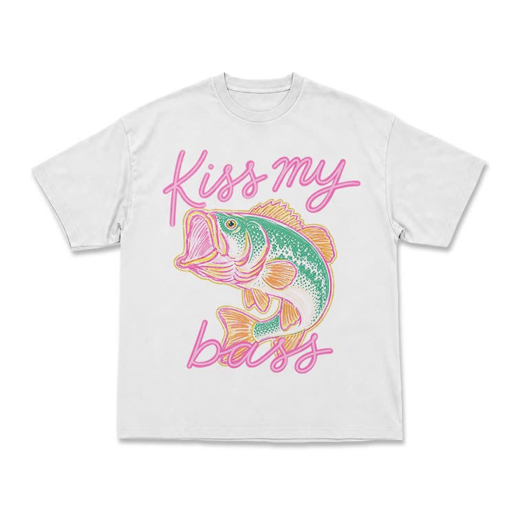 Casual Kiss My Bass Fish Graphic T-Shirt - White - US16-18(2XL) - image 1