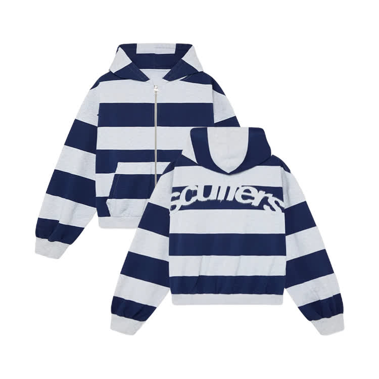 Navy & White Stripe Zip Up Hoodie - White - US28-30(4XL) - image 1
