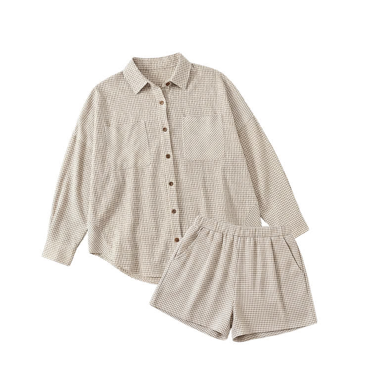 Women’s Plaid Long Sleeve Button Up Shirt with Shorts Two Piece Set - Apricot - US 22 (4XL) - image 1