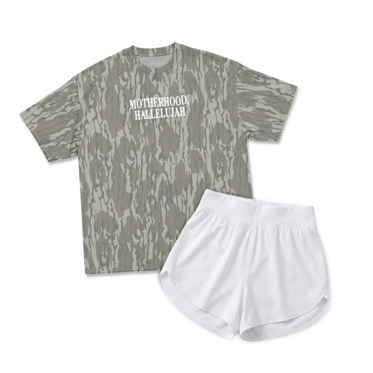 Vintage Camo MOTHERHOOD HALLELUJAH Print T-Shirt & Short Two Piece Set - Khaki - 2XL - image 1