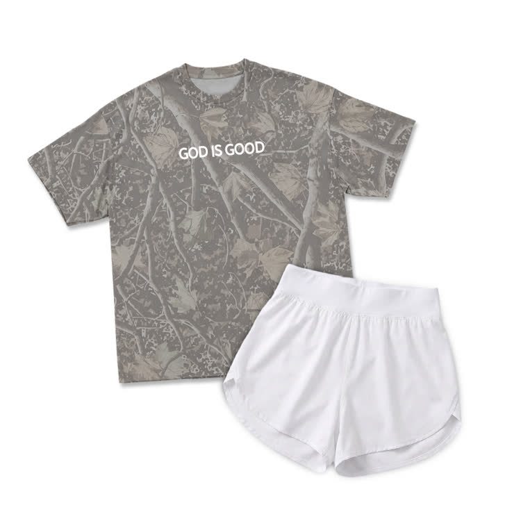 Vintage Camo GOD IS GOOD Print T-Shirt & Short Two Piece Set - Olive Green - 2XL - image 2