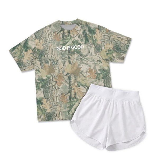 Vintage Camo GOD IS GOOD Print T-Shirt & Short Two Piece Set - Green - 2XL - image 1
