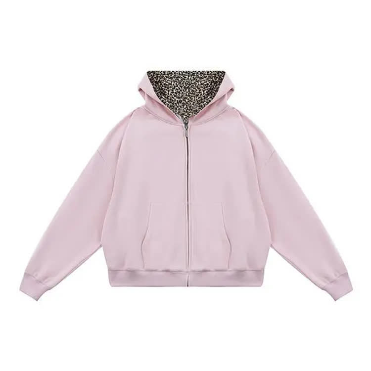 Women's Retro Leopard Print Zip-up Hoodie - Pink - 2XL - image 5