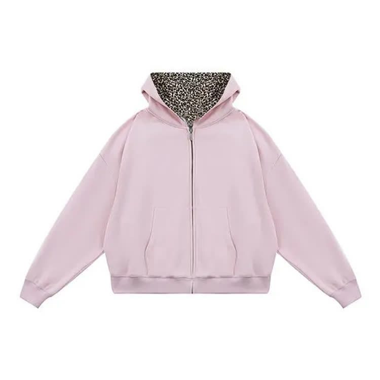 Women's Retro Leopard Print Zip-up Hoodie - Pink - 2XL - image 5