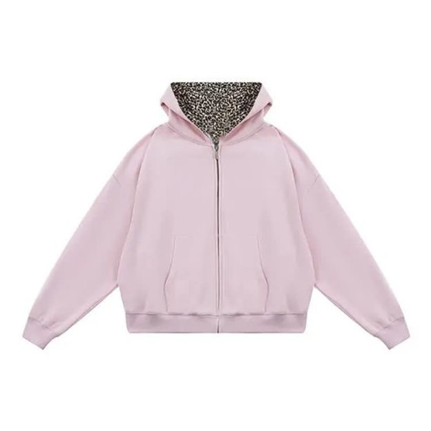 Women's Retro Leopard Print Zip-up Hoodie - Pink - 2XL - image 5