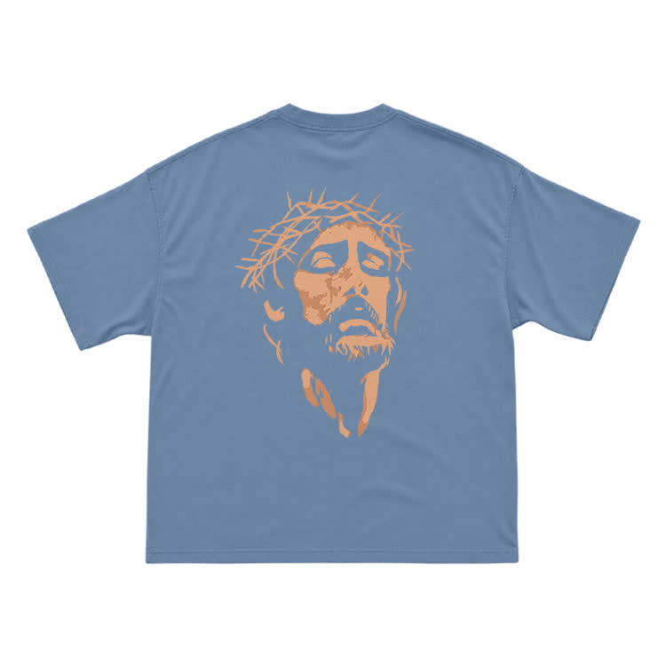 Jesus Portrait Neck Back Graphic T-Shirt - Dusty Blue - US16-18(2XL) - image 2