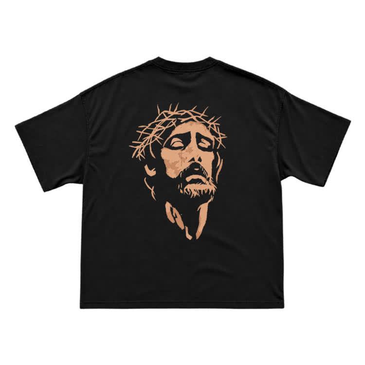 Jesus Portrait Neck Back Graphic T-Shirt - Black - US16-18(2XL) - image 1