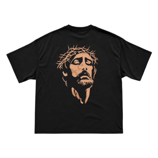 Jesus Portrait Neck Back Graphic T-Shirt - Black - US16-18(2XL) - image 1
