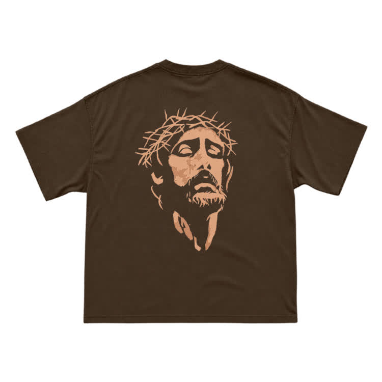Jesus Portrait Neck Back Graphic T-Shirt - Coffee - US16-18(2XL) - image 7