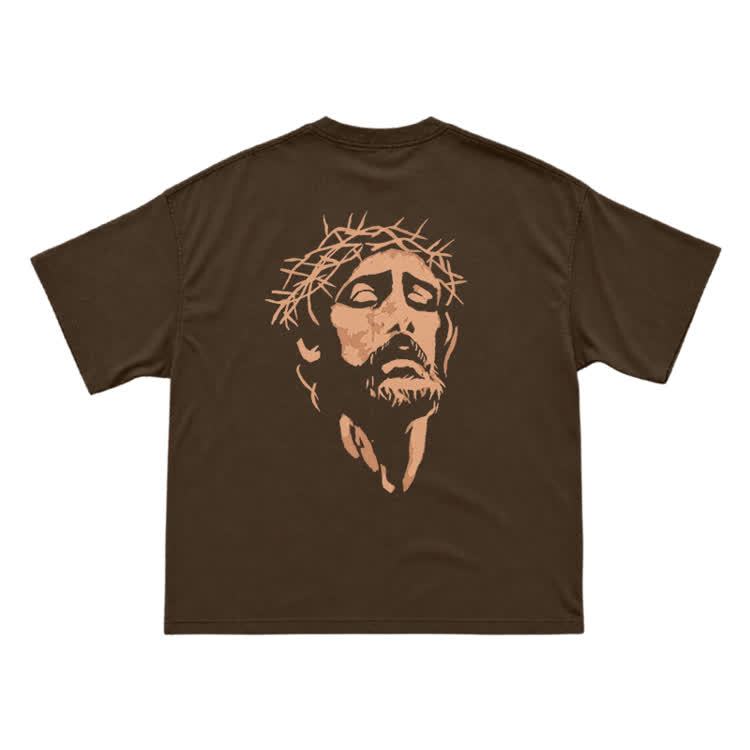 Jesus Portrait Neck Back Graphic T-Shirt - Coffee - US16-18(2XL) - image 7