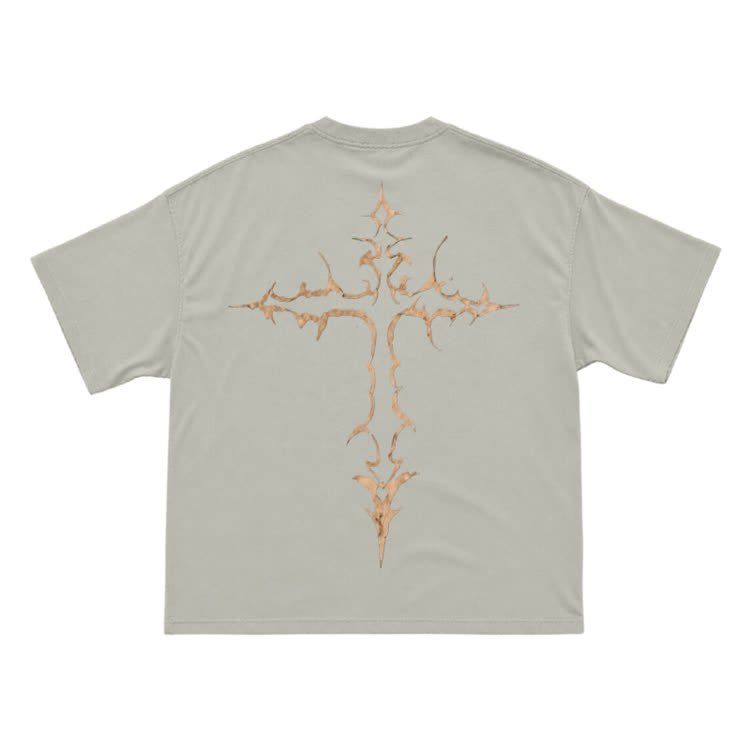 Gothic Thorn Cross Back Graphic T-Shirt - Warm Grey - US16-18(2XL) - image 3