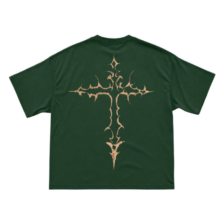 Gothic Thorn Cross Back Graphic T-Shirt - Green - US16-18(2XL) - image 13