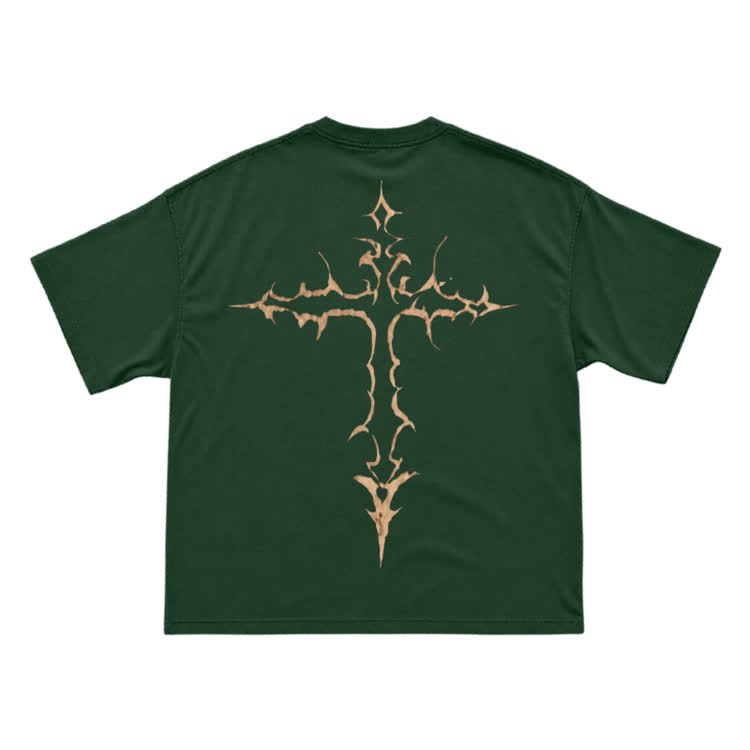 Gothic Thorn Cross Back Graphic T-Shirt - Green - US16-18(2XL) - image 13