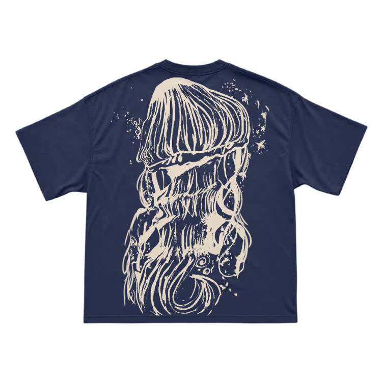 Bleach Line Art Jellyfish Back Graphic T-shirt - Navy Blue - US16-18(2XL) - image 13