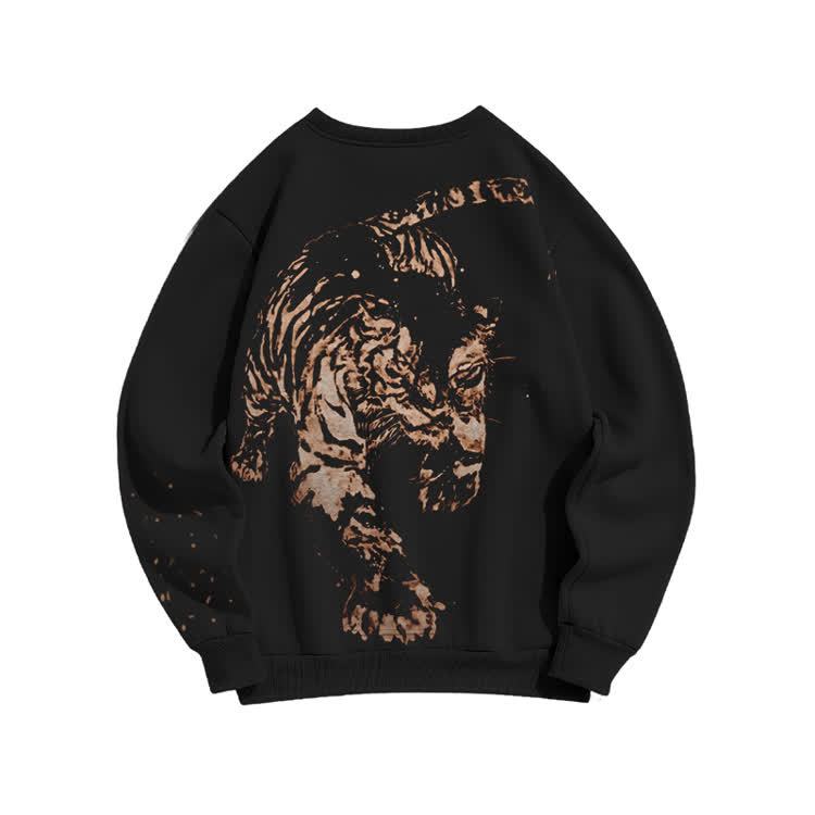 Streetwear Distressed Tiger Back Bleach Print Sweatshirt - Black - 3XL - image 1