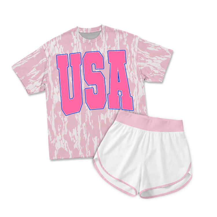 Pink Camo USA Graphic Print T-Shirt & Short Two Piece Set - Pink - 2XL - image 1