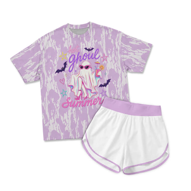 Casual Hot Ghoul Summer Graphic Print T-Shirt & Short Two Piece Set - Light Purple - 2XL - image 1
