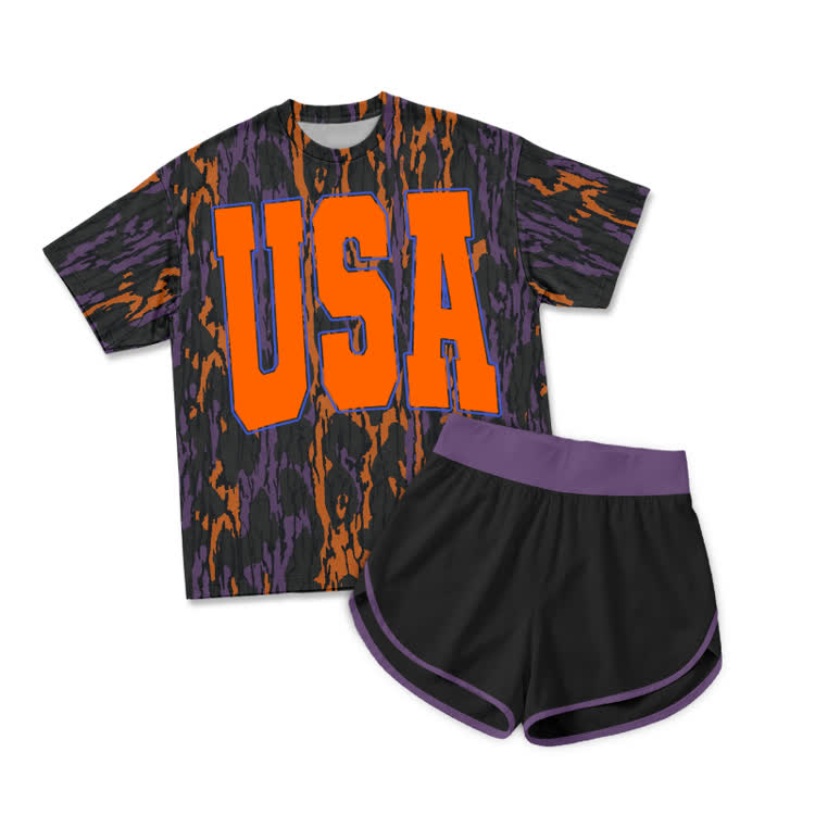 Halloween Camo USA Color block Print T-Shirt & Short Two Piece Set - Orange - 2XL - image 1