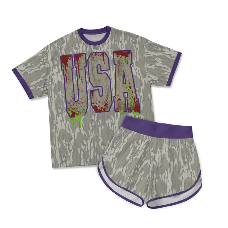 Halloween Vintage USA Graphic Contrast TrimT-Shirt & Short Two Piece Set - Khaki - 2XL - image 1