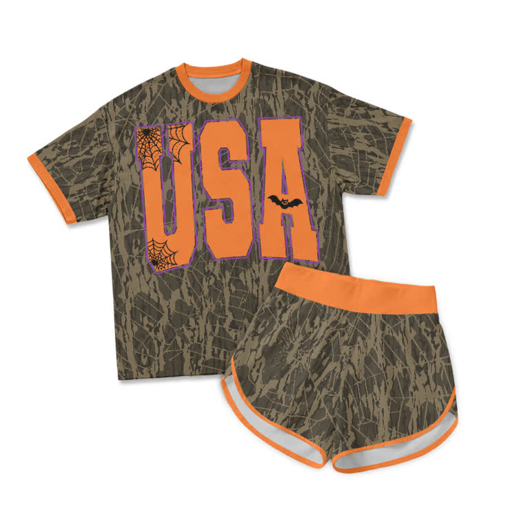 Casual Halloween USA cobweb Graphic Print T-Shirt & Short Two Piece Set - Orange - 2XL - image 1