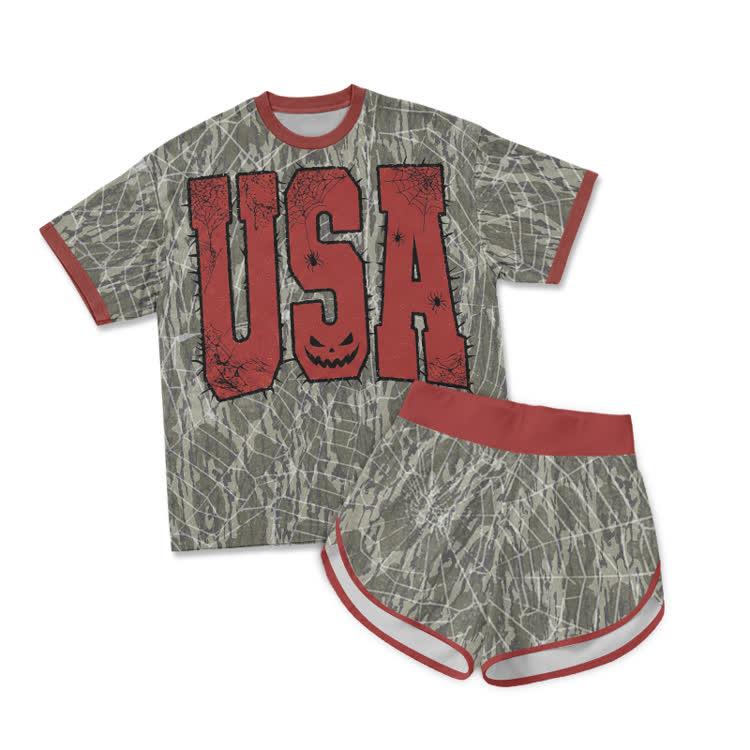 Halloween USA Pumpkin Graphic Print T-Shirt & Short Two Piece Set - Red - 2XL - image 1