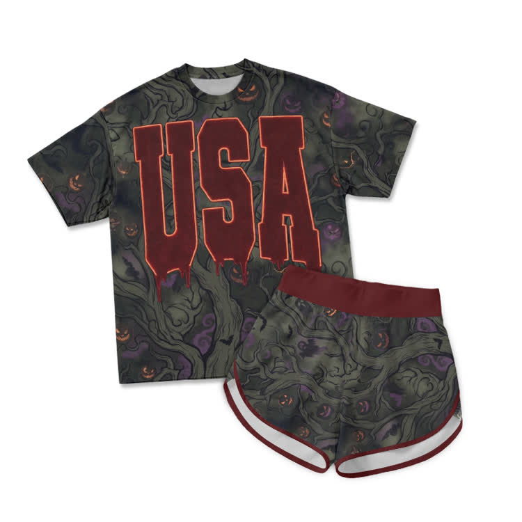 Halloween Pumpkin Forest USA Graphic Print T-Shirt & Short Two Piece Set - Olive Green - 2XL - image 1