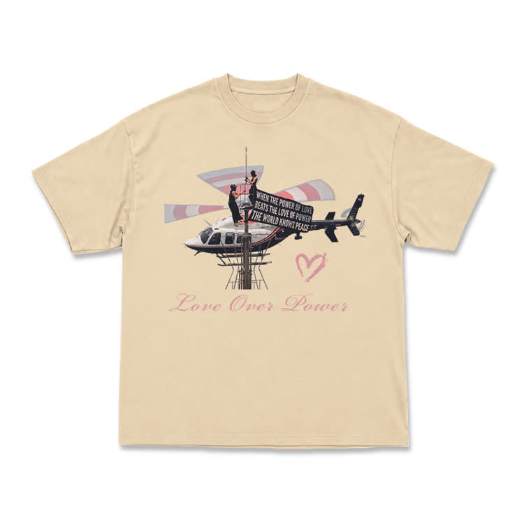Vintage Helicopter Print Love Over Power T-Shirt - Apricot - US16-18(2XL) - image 6