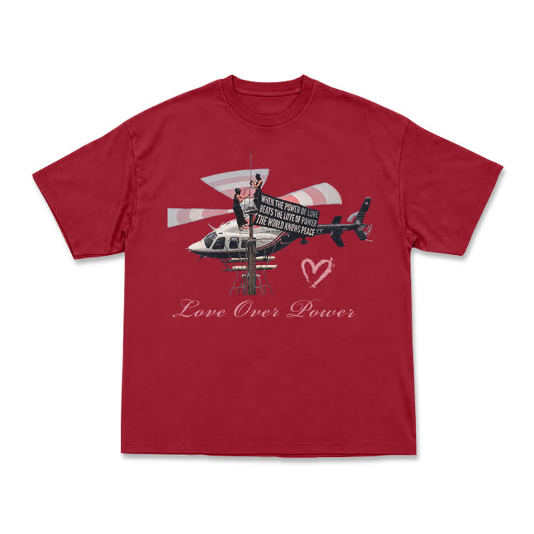 Vintage Helicopter Print Love Over Power T-Shirt - Red - US16-18(2XL) - image 2