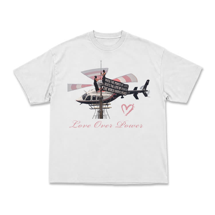 Vintage Helicopter Print Love Over Power T-Shirt - White - US16-18(2XL) - image 1