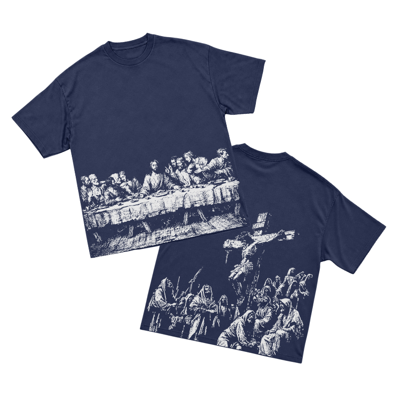 Vintage Artful Ink Wash Style Character Illustration Graphic T-shirt - Navy Blue - US16-18(2XL) - image 8