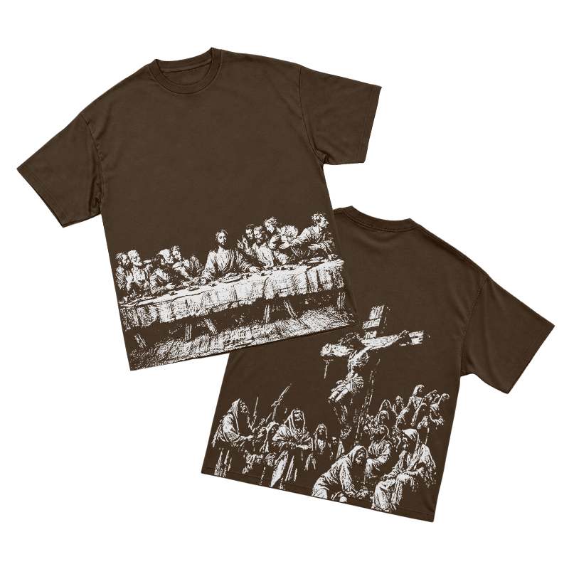 Vintage Artful Ink Wash Style Character Illustration Graphic T-shirt - Coffee - US16-18(2XL) - image 7
