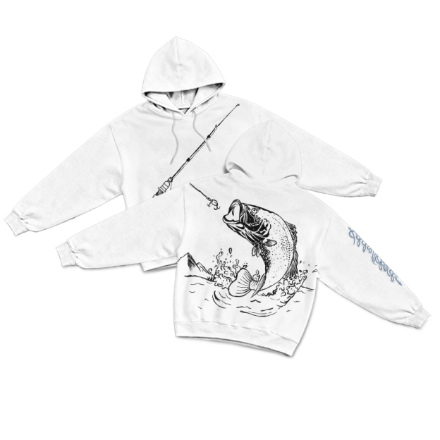 Vintage Coastal Fishing Rod Illustration Print Hoodie - White - US16-18(2XL) - image 2