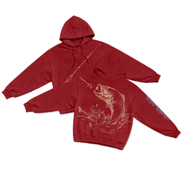 Vintage Coastal Fishing Rod Illustration Print Hoodie - Red - US16-18(2XL) - image 3