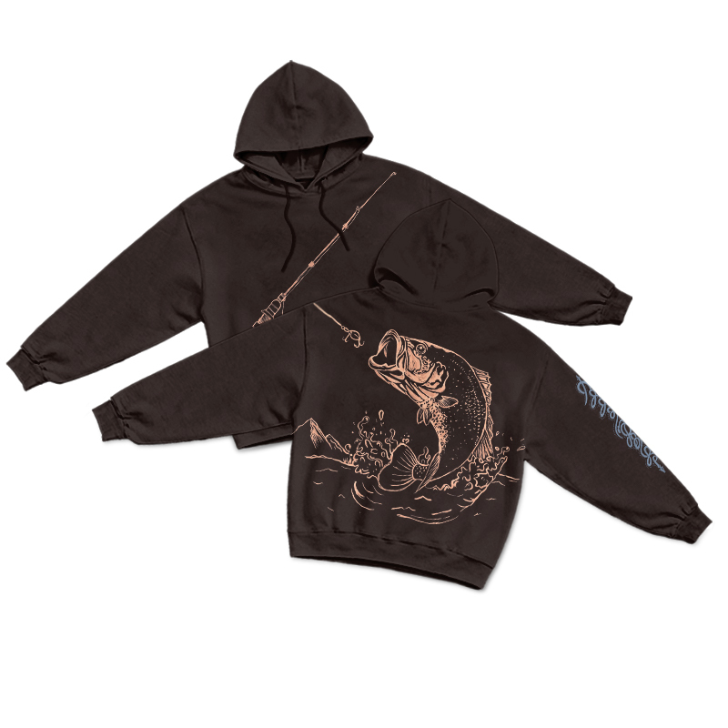 Vintage Coastal Fishing Rod Illustration Print Hoodie - Coffee - US16-18(2XL) - image 1