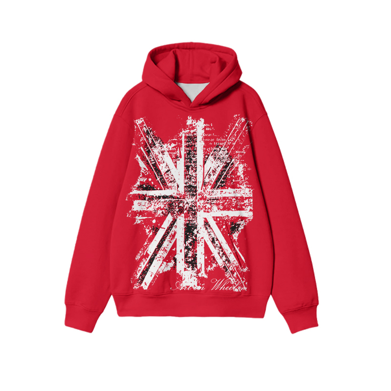 Classic Red Distressed Print Ribbed Trim Hoodie - Red - US32-34(5XL) - image 1