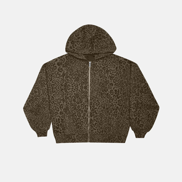 Street Leopard Print Zip Up Hoodie - Brown - US28-30(4XL) - image 4