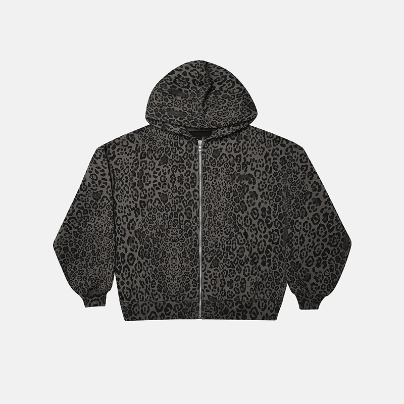 Street Leopard Print Zip Up Hoodie - Black - US28-30(4XL) - image 3